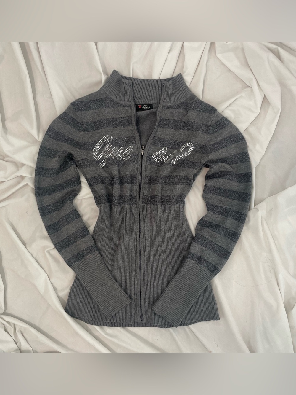Guess Gray Striped Rhinestone Zip-Up Cardigan